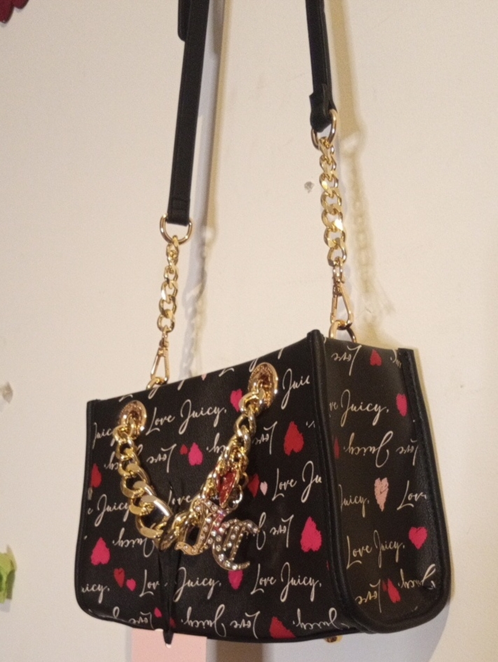 Juicy Couture Black Heart Print Crossbody Bag with Gold Chain